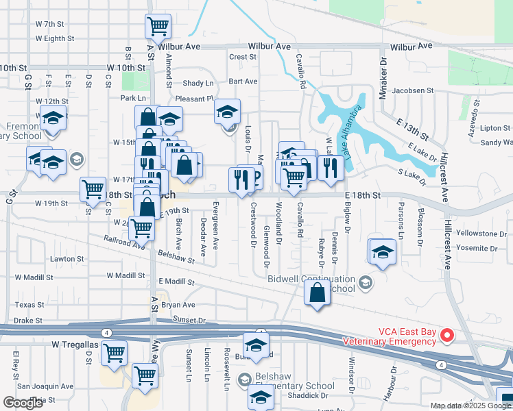 map of restaurants, bars, coffee shops, grocery stores, and more near 1811 Crestwood Drive in Antioch