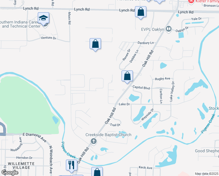 map of restaurants, bars, coffee shops, grocery stores, and more near 2300 Jewel Court in Evansville