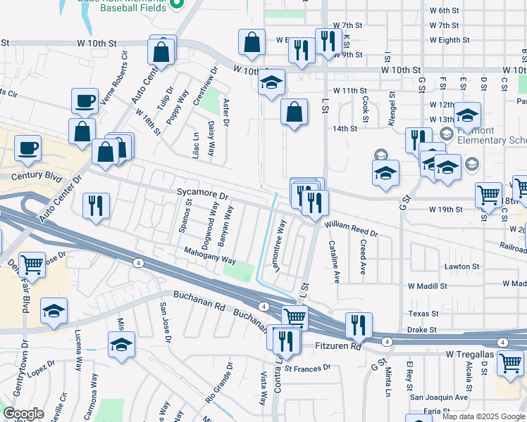 map of restaurants, bars, coffee shops, grocery stores, and more near 2112 Manzanita Way in Antioch