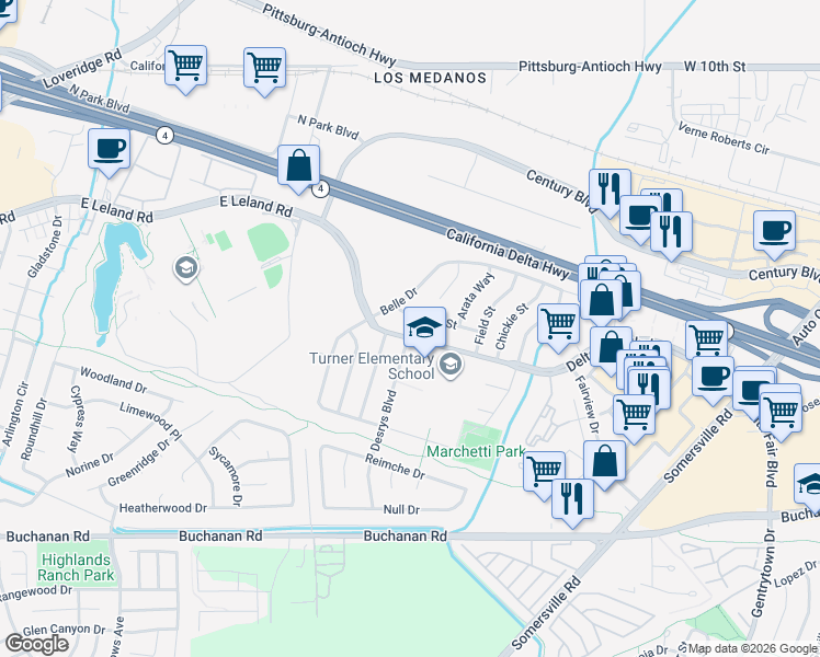 map of restaurants, bars, coffee shops, grocery stores, and more near 2400 Desrys Boulevard in Antioch
