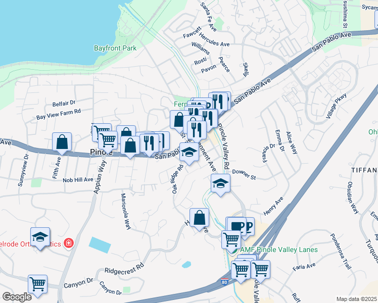map of restaurants, bars, coffee shops, grocery stores, and more near 2101 San Pablo Avenue in Pinole