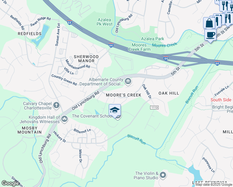 map of restaurants, bars, coffee shops, grocery stores, and more near 547 Stagecoach Road in Charlottesville