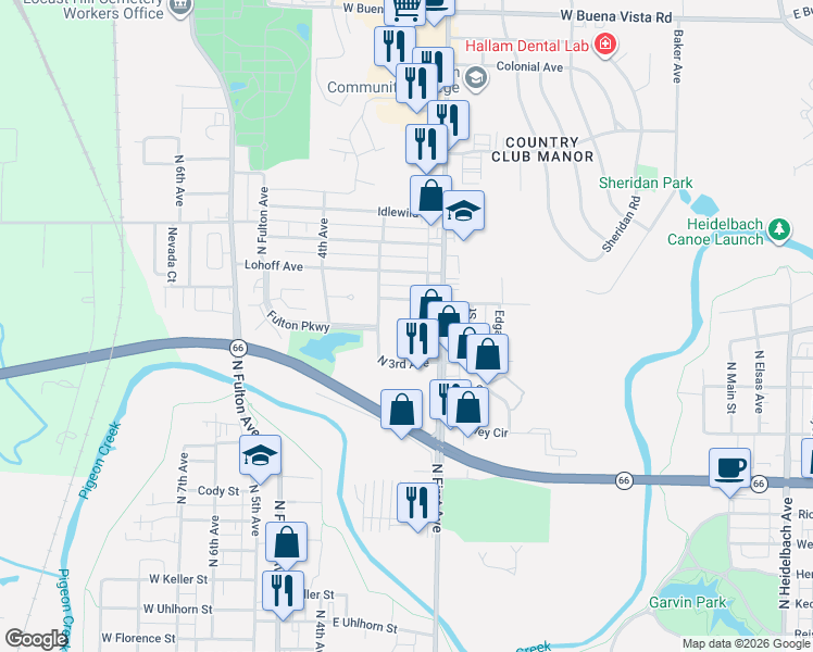 map of restaurants, bars, coffee shops, grocery stores, and more near 2700-2798 North 2nd Avenue in Evansville