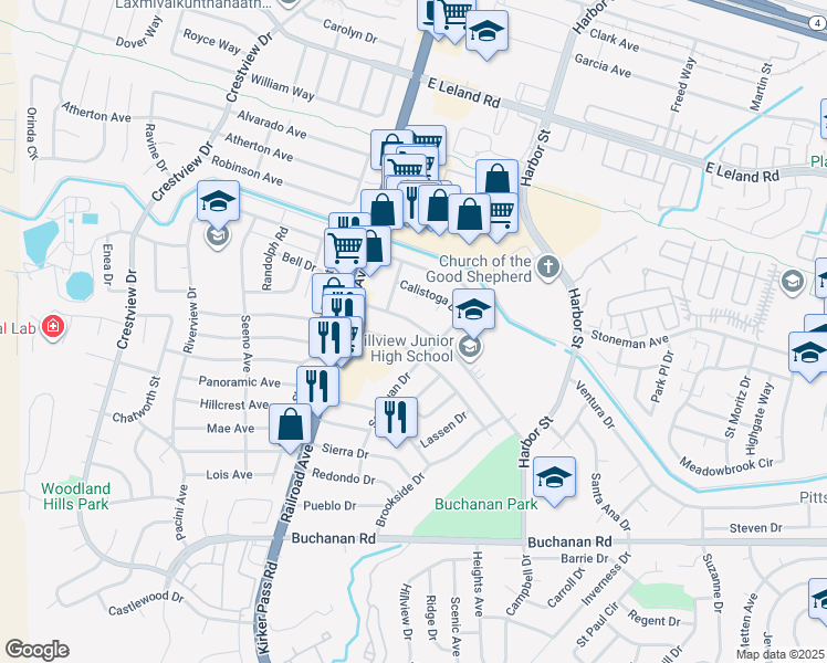 map of restaurants, bars, coffee shops, grocery stores, and more near 172 Yosemite Drive in Pittsburg