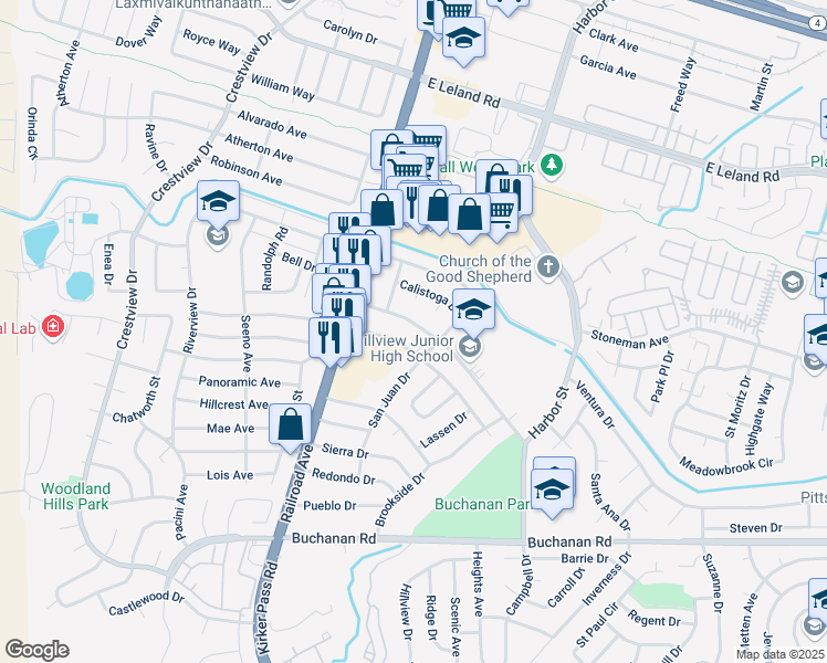 map of restaurants, bars, coffee shops, grocery stores, and more near 172 Yosemite Drive in Pittsburg