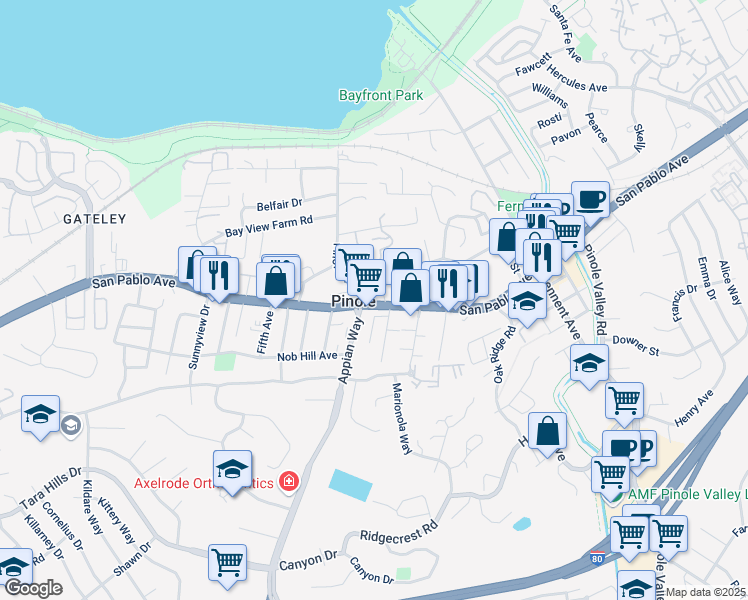 map of restaurants, bars, coffee shops, grocery stores, and more near 1588 San Pablo Avenue in Pinole