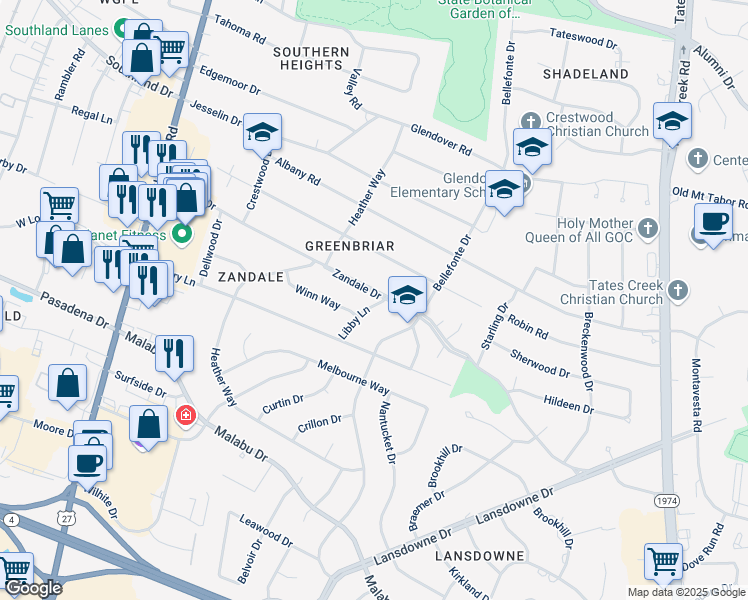 map of restaurants, bars, coffee shops, grocery stores, and more near 2020 Libby Lane in Lexington