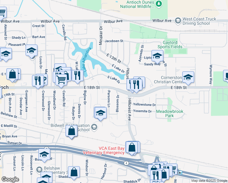 map of restaurants, bars, coffee shops, grocery stores, and more near 910 East 18th Street in Antioch