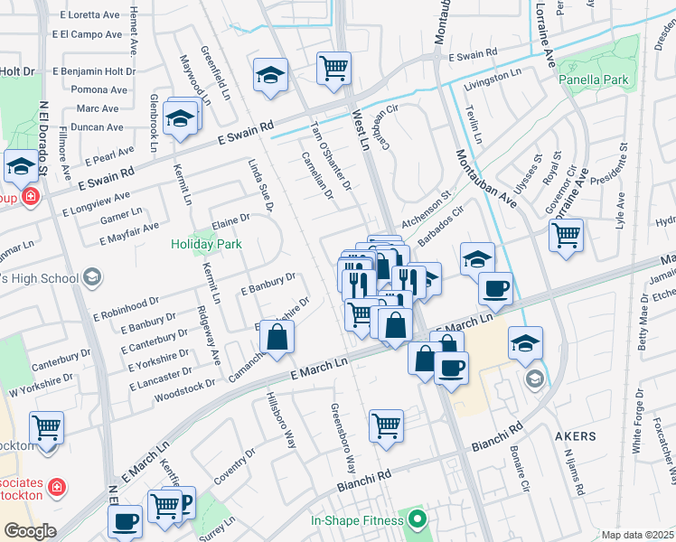 map of restaurants, bars, coffee shops, grocery stores, and more near 5343 Carrington Circle in Stockton