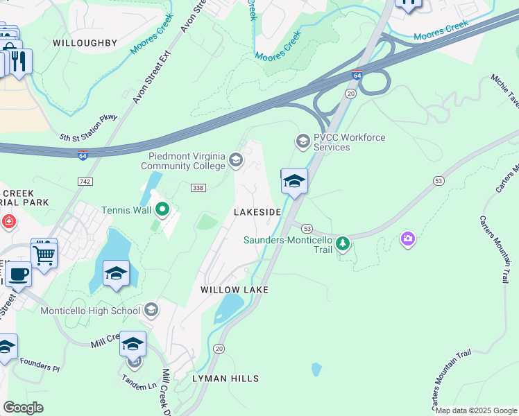 map of restaurants, bars, coffee shops, grocery stores, and more near 1155 Brookhill Avenue in Charlottesville
