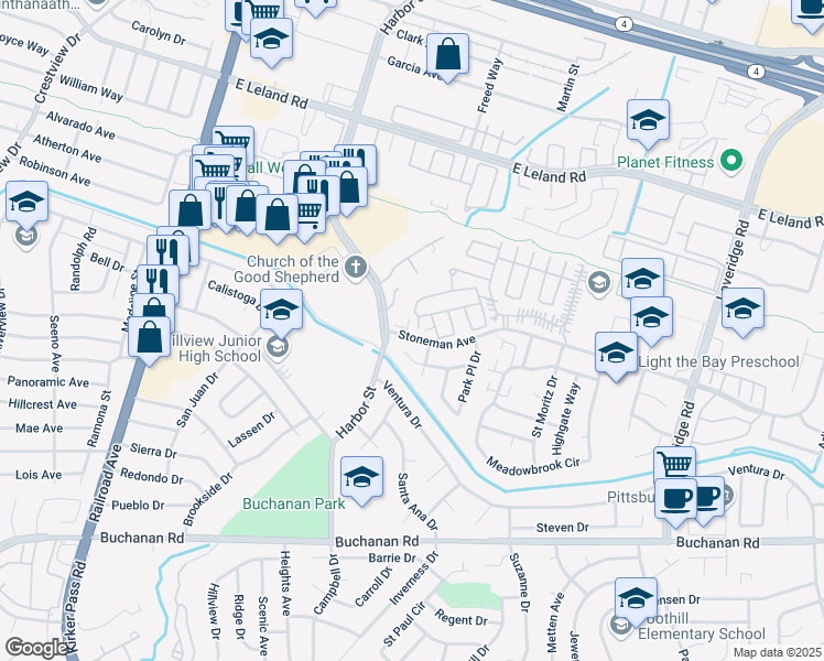 map of restaurants, bars, coffee shops, grocery stores, and more near 701 Stoneman Avenue in Pittsburg