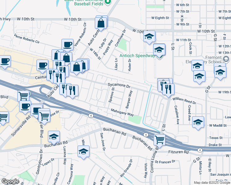 map of restaurants, bars, coffee shops, grocery stores, and more near 1727 Linden Way in Antioch