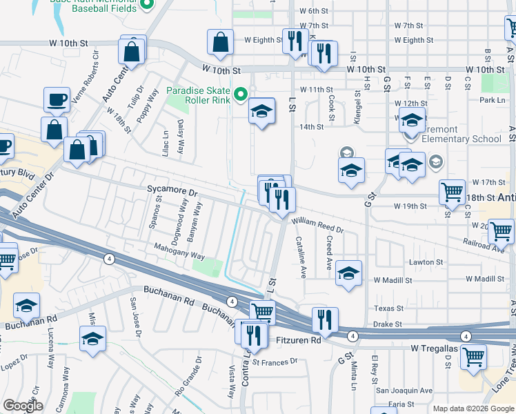 map of restaurants, bars, coffee shops, grocery stores, and more near 1214 Sycamore Drive in Antioch