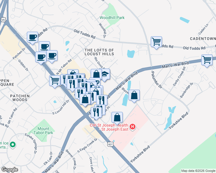 map of restaurants, bars, coffee shops, grocery stores, and more near 3050 Rio Dosa Drive in Lexington