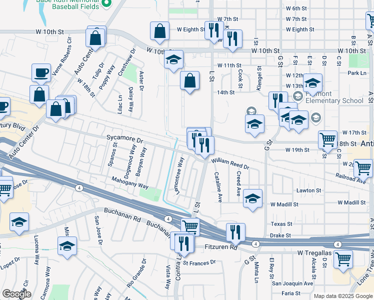 map of restaurants, bars, coffee shops, grocery stores, and more near 1214 Sycamore Drive in Antioch