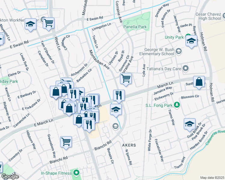 map of restaurants, bars, coffee shops, grocery stores, and more near in Stockton