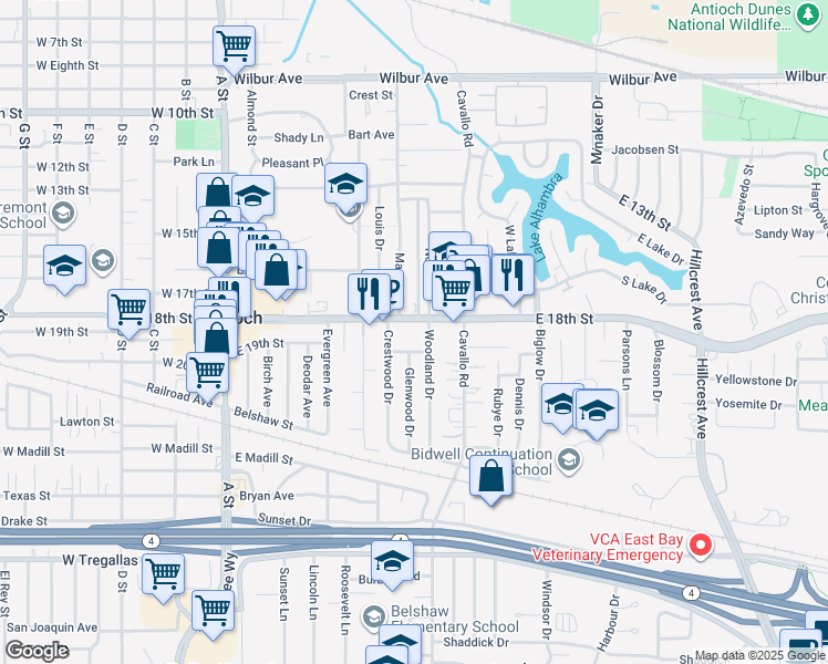 map of restaurants, bars, coffee shops, grocery stores, and more near 320 East 18th Street in Antioch