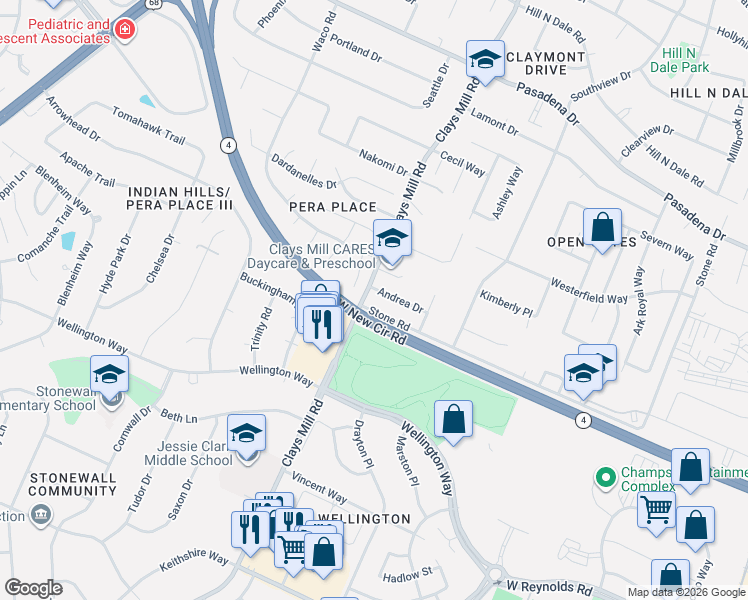 map of restaurants, bars, coffee shops, grocery stores, and more near 512 Andrea Drive in Lexington