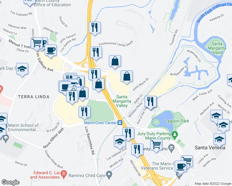map of restaurants, bars, coffee shops, grocery stores, and more near 4000 Civic Center Drive in San Rafael