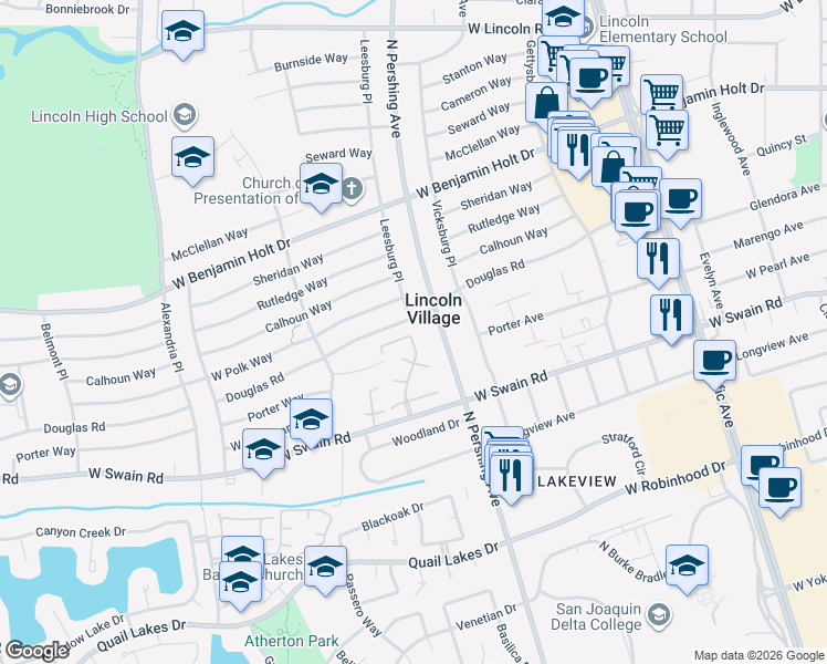 map of restaurants, bars, coffee shops, grocery stores, and more near 1471 West Swain Road in Stockton