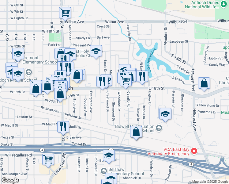 map of restaurants, bars, coffee shops, grocery stores, and more near 320 East 18th Street in Antioch