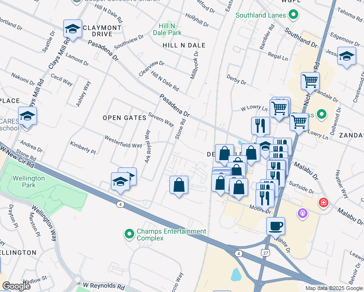 map of restaurants, bars, coffee shops, grocery stores, and more near 474 Stone Road in Lexington