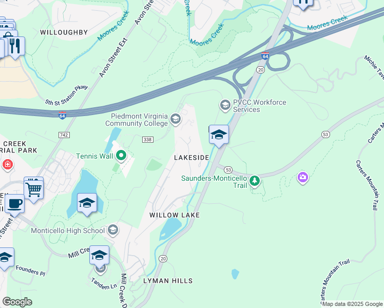 map of restaurants, bars, coffee shops, grocery stores, and more near 1155 Brookhill Avenue in Charlottesville