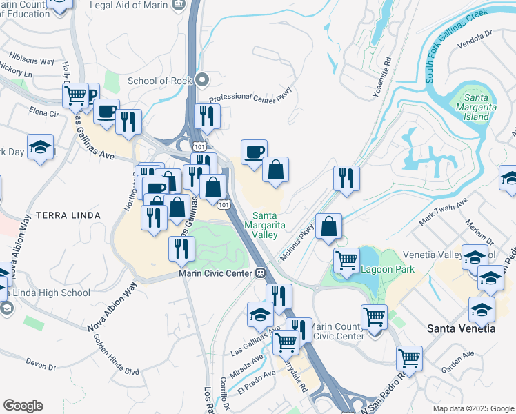 map of restaurants, bars, coffee shops, grocery stores, and more near 4000 Civic Center Drive in San Rafael