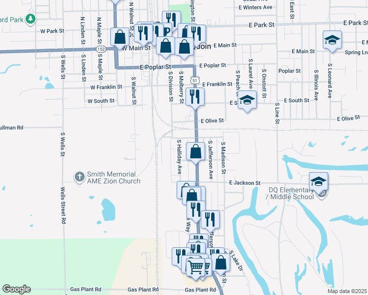 map of restaurants, bars, coffee shops, grocery stores, and more near 511-539 South Washington Street in Du Quoin