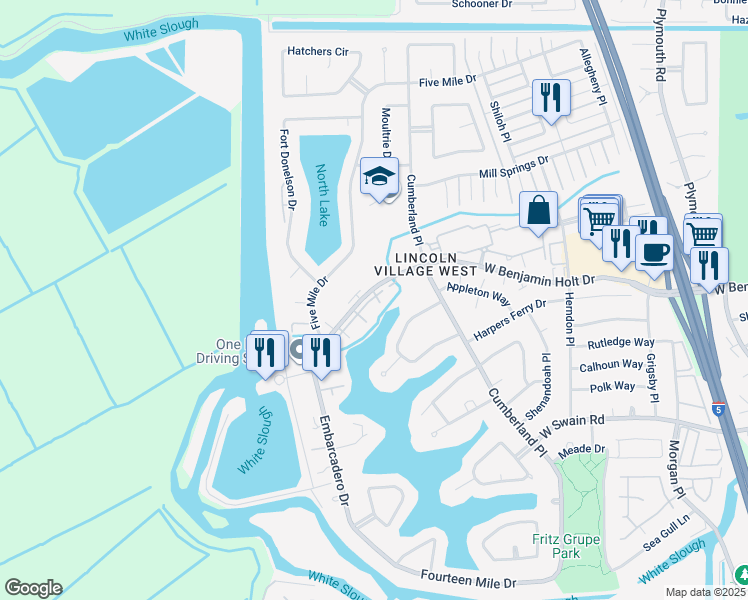 map of restaurants, bars, coffee shops, grocery stores, and more near 3722 West Benjamin Holt Drive in Stockton