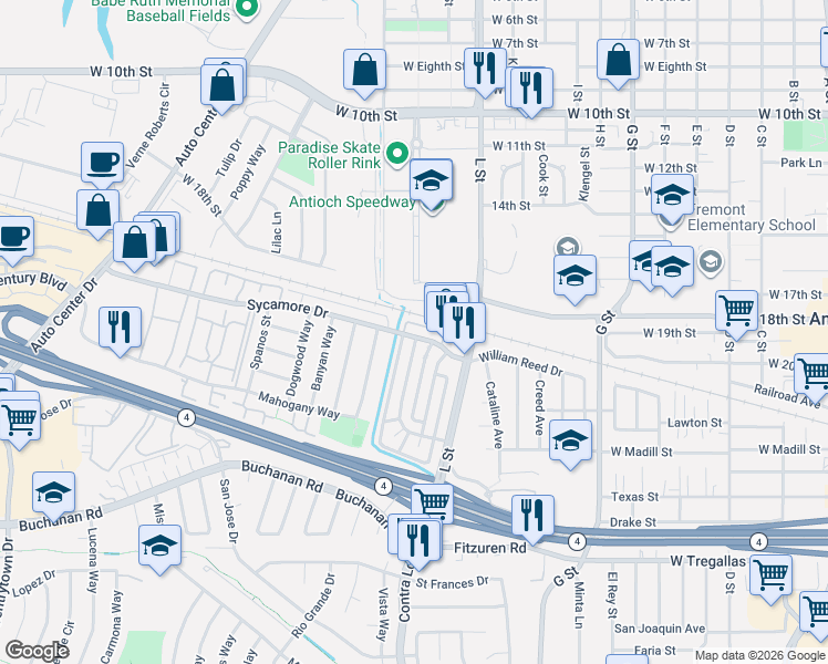 map of restaurants, bars, coffee shops, grocery stores, and more near 2104 Lemontree Way in Antioch
