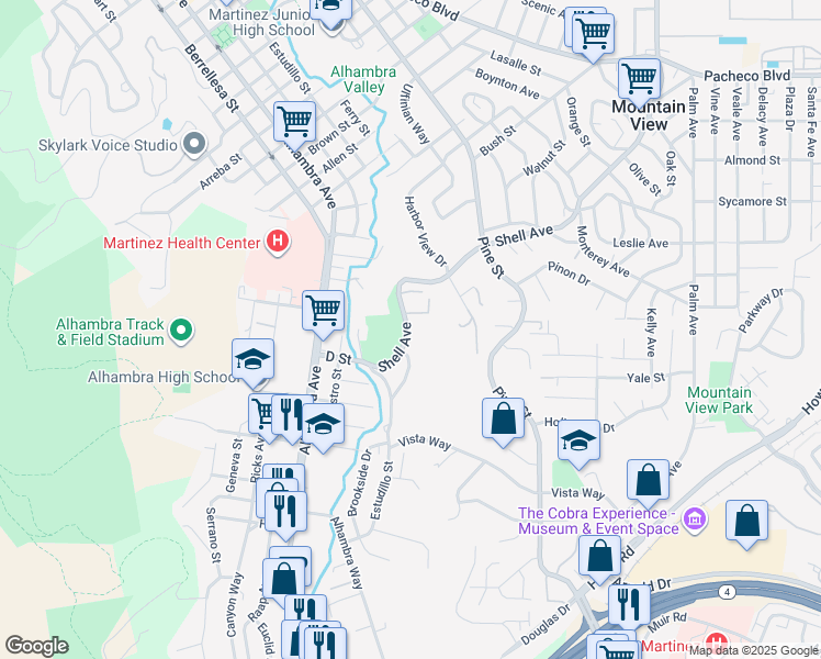 map of restaurants, bars, coffee shops, grocery stores, and more near 720 Shell Avenue in Martinez