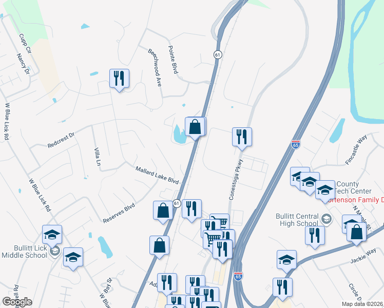 map of restaurants, bars, coffee shops, grocery stores, and more near 1181-1223 North Buckman Street in Shepherdsville