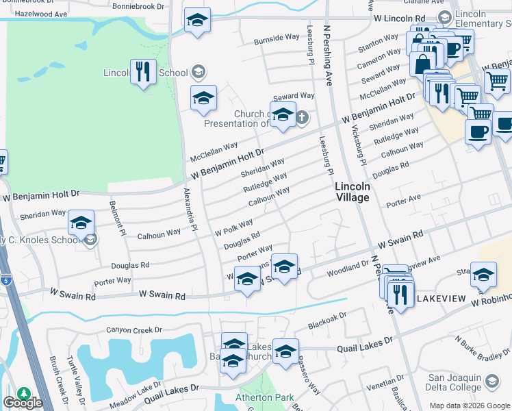 map of restaurants, bars, coffee shops, grocery stores, and more near 1856 Calhoun Way in Stockton