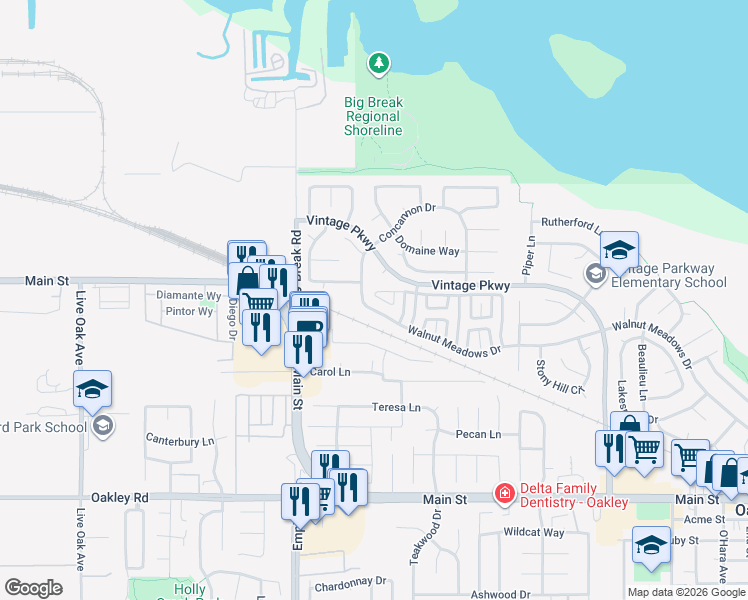 map of restaurants, bars, coffee shops, grocery stores, and more near 833 Oakwood Way in Oakley