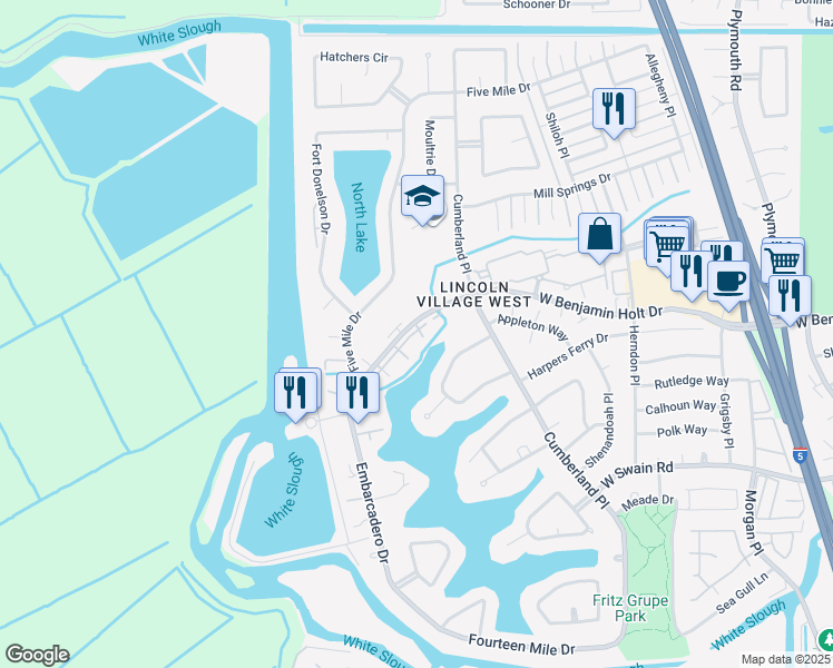 map of restaurants, bars, coffee shops, grocery stores, and more near 3720 West Benjamin Holt Drive in Stockton