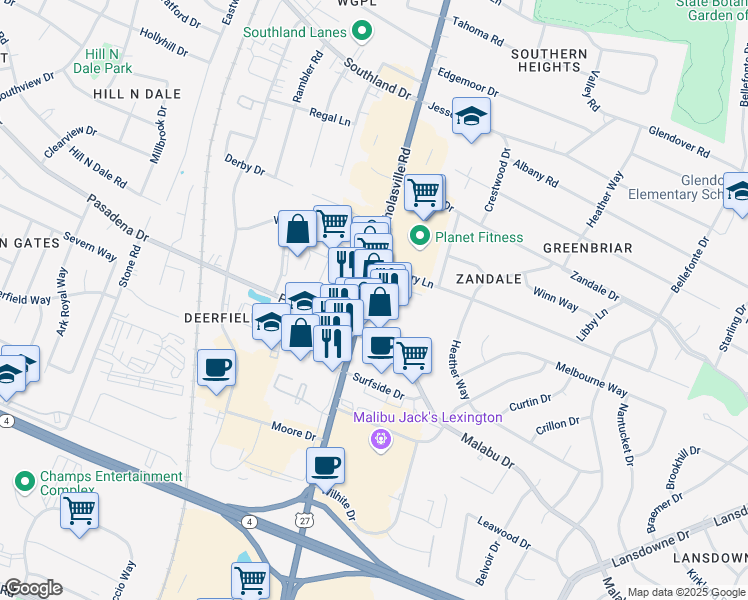 map of restaurants, bars, coffee shops, grocery stores, and more near 101 Malabu Drive in Lexington