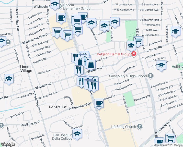 map of restaurants, bars, coffee shops, grocery stores, and more near 5918 Pacific Avenue in Stockton