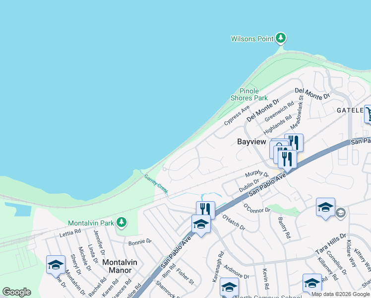 map of restaurants, bars, coffee shops, grocery stores, and more near in Bayview-Montalvin