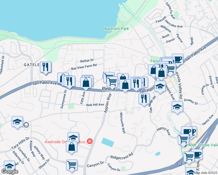 map of restaurants, bars, coffee shops, grocery stores, and more near 1588 San Pablo Avenue in Pinole