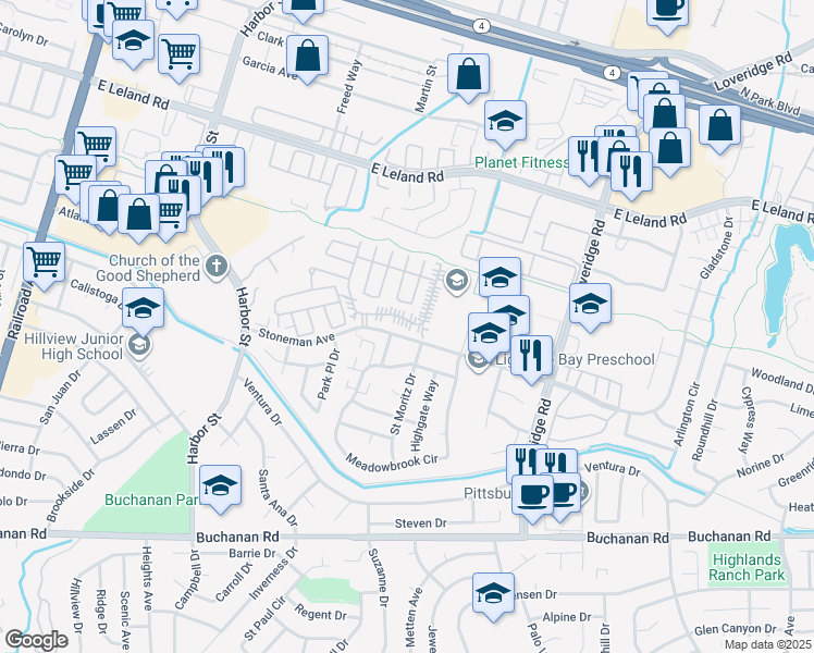 map of restaurants, bars, coffee shops, grocery stores, and more near 9 Palm Drive in Pittsburg