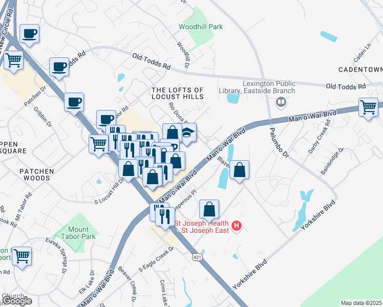 map of restaurants, bars, coffee shops, grocery stores, and more near 3050 Rio Dosa Drive in Lexington