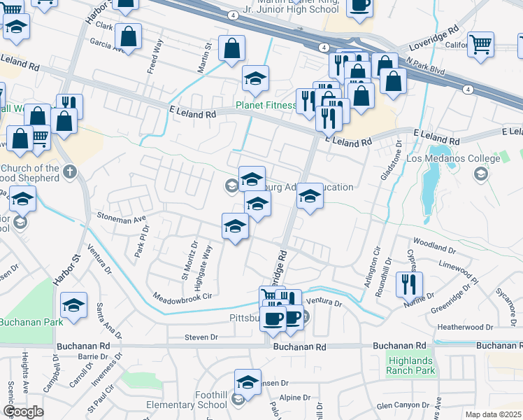 map of restaurants, bars, coffee shops, grocery stores, and more near 1151 Stoneman Avenue in Pittsburg