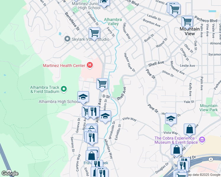 map of restaurants, bars, coffee shops, grocery stores, and more near 2803 Sabral Circle in Martinez