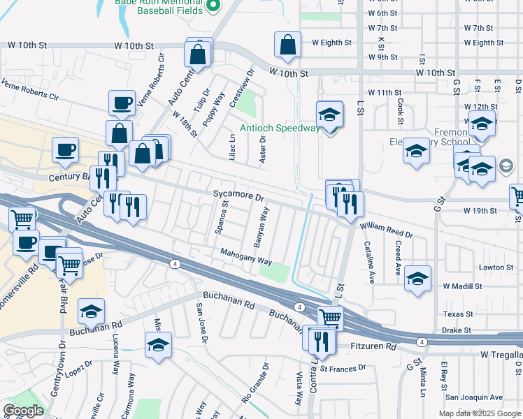 map of restaurants, bars, coffee shops, grocery stores, and more near 2112 Banyan Way in Antioch