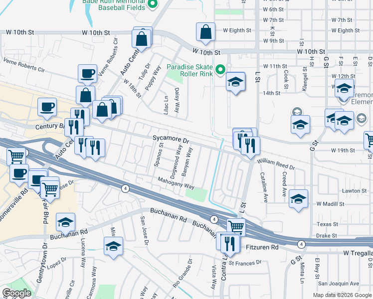 map of restaurants, bars, coffee shops, grocery stores, and more near 2112 Banyan Way in Antioch