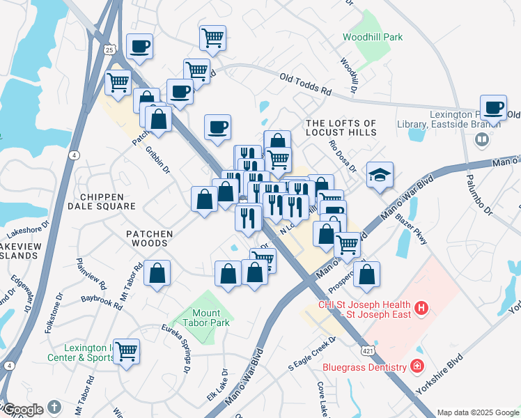 map of restaurants, bars, coffee shops, grocery stores, and more near 2907 Richmond Rd in Lexington