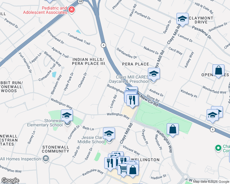 map of restaurants, bars, coffee shops, grocery stores, and more near 3124 Trinity Road in Lexington