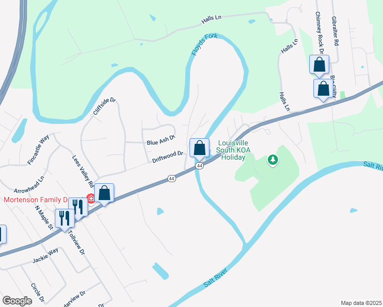 map of restaurants, bars, coffee shops, grocery stores, and more near 119 Driftwood Drive in Shepherdsville