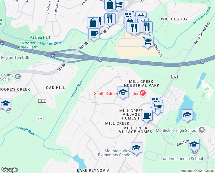 map of restaurants, bars, coffee shops, grocery stores, and more near 113 Running Fox Lane in Charlottesville
